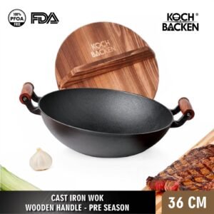 Nitriding Pre-seasoned Cast Iron Wok Flat Bottom with Wooden Handle and Lid 36cm