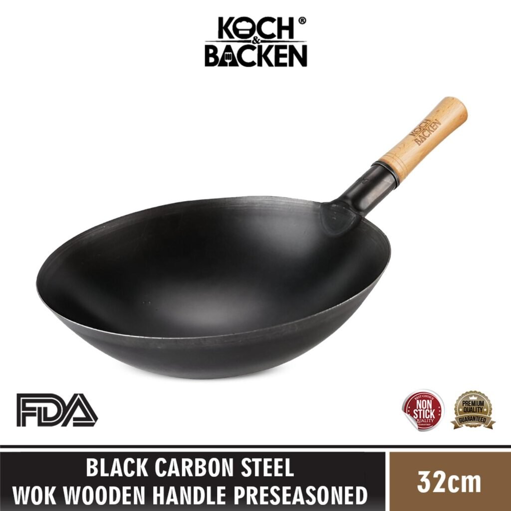 Black Carbon Steel Wok Wooden Handle Pre-seasoned 32cm
