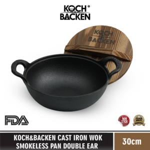 Cast Iron Wok Smokeless Pan Double Ear With Wooden Lid 30cm