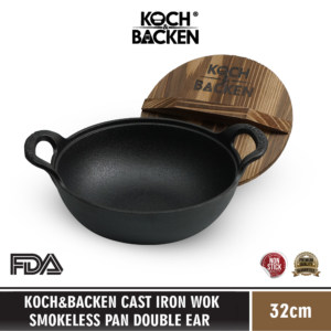 Cast Iron Wok Smokeless Pan Double Ear With Wooden Lid 32cm