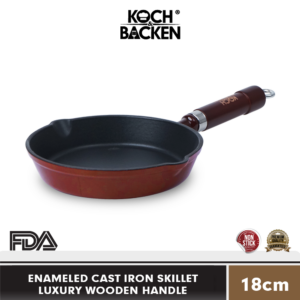 Enameled Cast Iron Skillet Luxury Wooden Handle 18cm