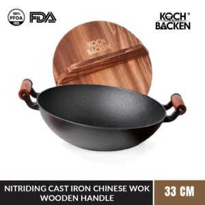 Nitriding Pre-seasoned Cast Iron Wok Flat Bottom with Wooden Handle and Lid 33cm