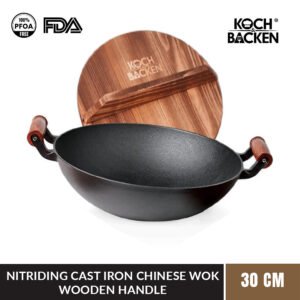 Nitriding Pre-seasoned Cast Iron Wok Flat Bottom with Wooden Handle and Lid 30cm