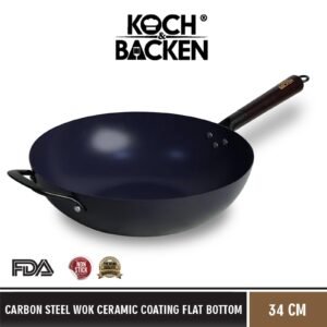 Carbon Steel Wok Ceramic Coating Flat Bottom With Wooden Handle 34cm