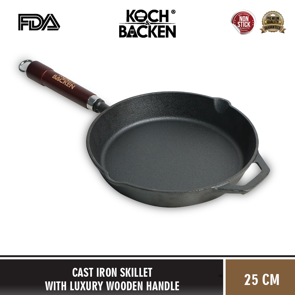 Nitriding Cast Iron Skillet Luxury Wooden Handle 25cm
