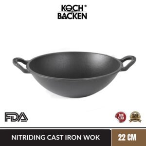 KOCH&BACKEN Nitriding Pre-seasoned Cast Iron Wok with Glass Lid 22cm - Wajan Cucur Penggorengan Besi Cor Premium Anti Gores