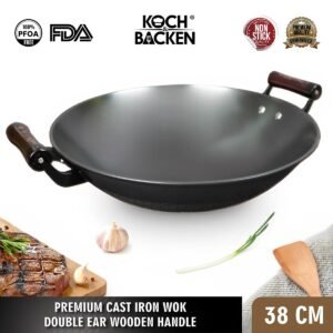 KOCH&BACKEN Premium Nitriding Light Cast Iron Wok Round Bottom 38cm - Wajan Kuali Penggorengan Anti Lengket