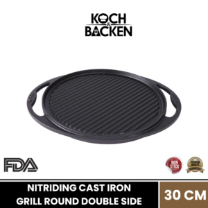KOCH&BACKEN Nitriding Pre-seasoned Cast Iron Round Grill Double Side 30CM – Panggangan Daging Anti Lengket
