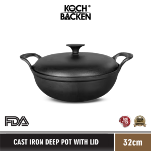 KOCH&BACKEN Cast Iron Deep Pot With Iron Lid 32cm - Wajan Kuali Panci Besi Cor Murni Anti Lengket