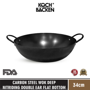 KOCH&BACKEN Carbon Steel Wok Deep Nitriding Double Ear Flatt Bottom 34cm - Wajan Kuali Penggorengan Baja Anti Lengket