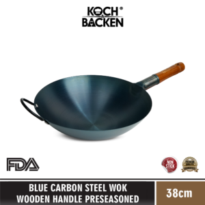 KOCH&BACKEN Blue Carbon Steel Wok Wooden Handle Preseasoned 38cm - Wajan Kuali Penggorengan Baja Gagang Kayu Anti Lengket
