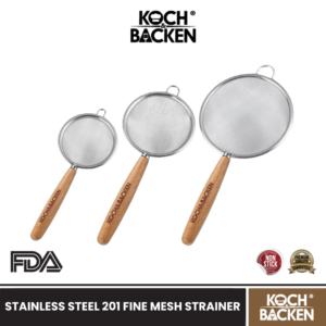 KOCH&BACKEN Stainless Steel 201 Fine Mesh Strainer - Saringan Stainless Lubang Kecil Gagang Kayu Tebal Premium