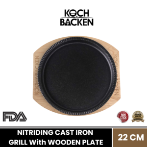 KOCH&BACKEN Nitriding Pre-seasoned Cast Iron Grill With Wooden Plate Riesa 22cm - Panggangan Datar Besi Cor Murni Anti Lengket