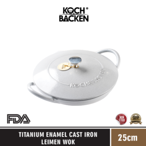 KOCH&BACKEN Titanium Enamel Cast Iron Leimen Wok 24cm White - Panci Kuali Enamel Besi Cor Anti Lengket