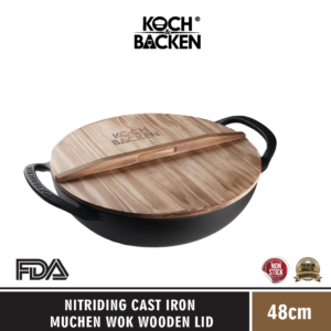 KOCH&BACKEN Nitriding Pre-seasoned Cast Iron Wok Munchen With Wooden Lid 48cm - Wajan Kuali Jumbo Besi Cor Murni Anti Lengket