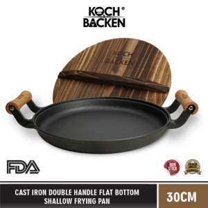 KOCH&BACKEN Cast Iron Double Handle Flat Bottom Shallow Frying Pan 30cm - Panci Wajan Besi Cor Anti Lengket