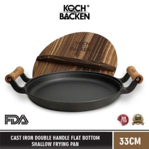 KOCH&BACKEN Cast Iron Double Handle Flat Bottom Shallow Frying Pan 33cm - Panci Wajan Besi Cor Anti Lengket