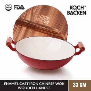 KOCH&BACKEN High Glossy Enamel Cast Iron Wok Flat Bottom With Wooden Handle 33cm - Wajan Penggorengan Kuali Anti Lengket