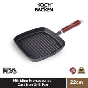 KOCH&BACKEN Nitriding Pre-seasoned Cast Iron Grill Square Pan 22cm - Wajan Panggangan Besi Cor Anti Lengket