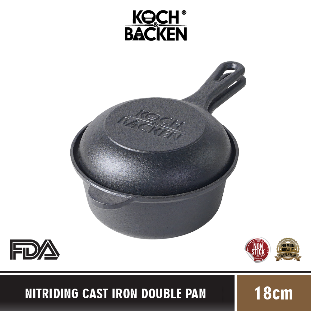 KOCH&BACKEN Nitriding Preseasoned 2in1 Cast Iron Deep Fry Pan Set 18cm - Panci Set Besi Cor Wajan Anti Lengket