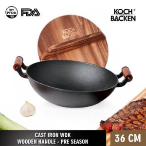 KOCH&BACKEN Cast Iron Wok Flat Bottom With Wooden Handle and Lid - Wajan Penggorengan Panci Besi Cor Anti Lengket -36cm