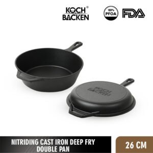 KOCH&BACKEN Nitriding Cast Iron Deep Fry Double Pan 26cm -Panci Cast Iron 2in1 - Wajan Panci Besi Cor Murni