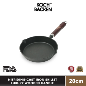 KOCH&BACKEN Nitriding Pre-seasoned Cast Iron Skillet Luxury Wooden Handle 20cm - Wajan Panci Gagang Kayu Anti Lengket Besi Cor Murni