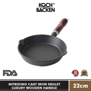 KOCH&BACKEN Nitriding Pre-seasoned Cast Iron Skillet Luxury Wooden Handle 22cm - Wajan Panci Gagang Kayu Anti Lengket Besi Cor Murni